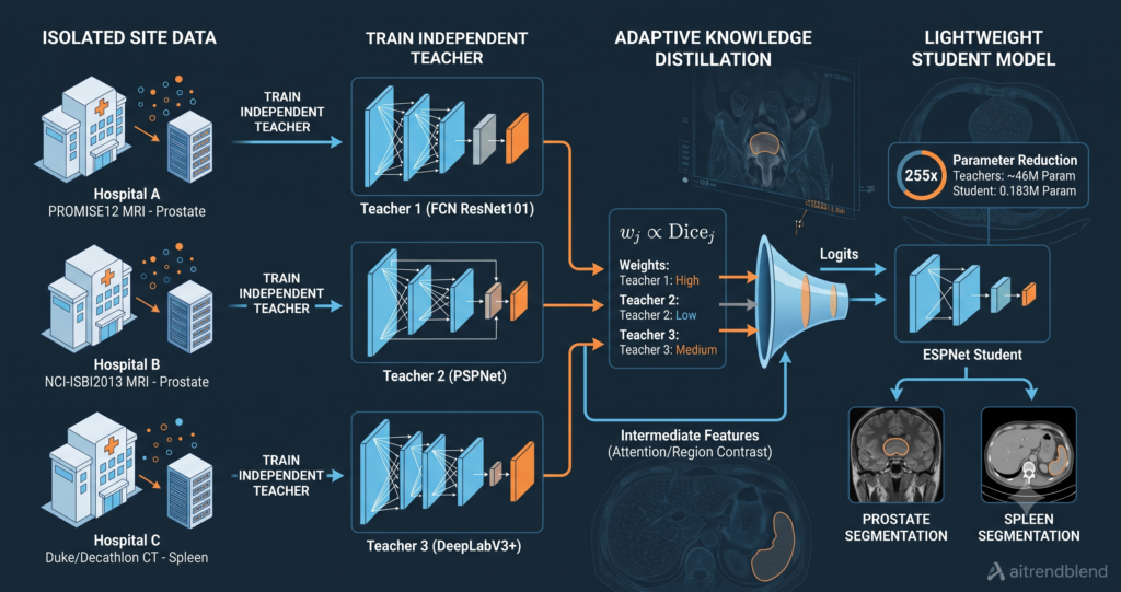 How Adaptive Multi-Teacher Knowledge Distillation Enables Lightweight Medical Segmentation with Limited Site Data.