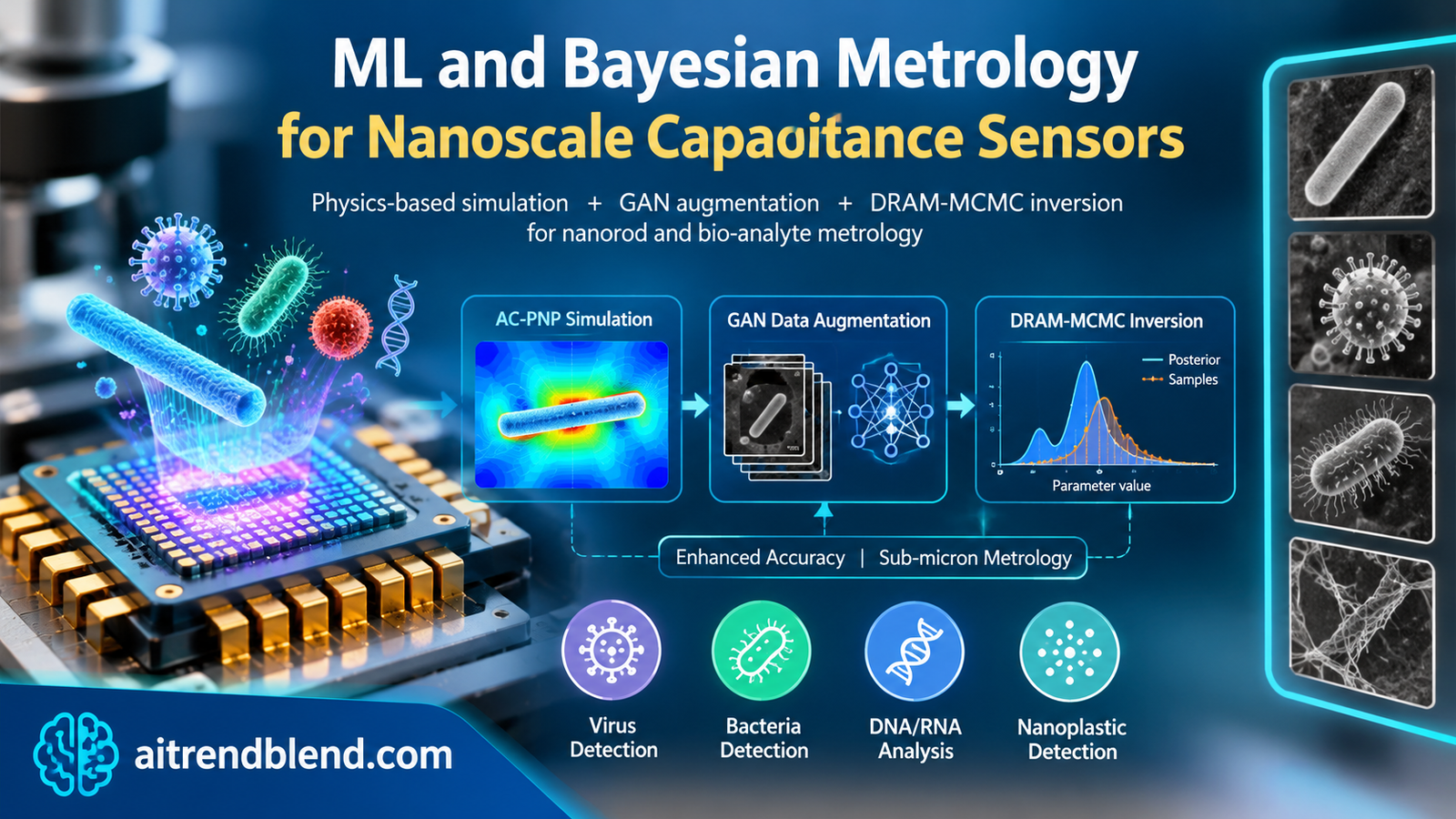 Integrated physics-based AC-PNP simulation, GAN-augmented deep neural network surrogate, and DRAM-MCMC Bayesian inversion pipeline for nanoscale analyte metrology on a 256 by 256 CMOS nanoelectrode array