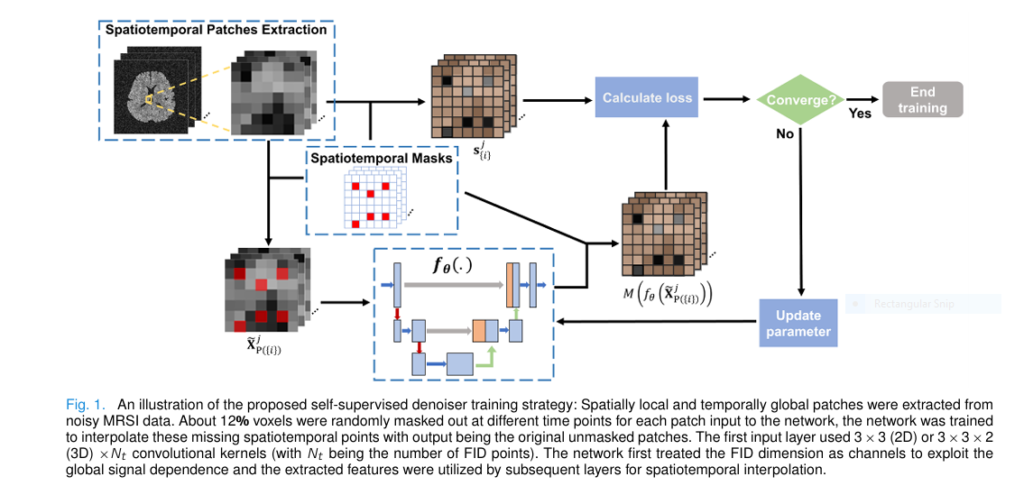 Illustration of 3D brain metabolite maps reconstructed using a new spatiotemporal denoising and subspace method vs. traditional noisy MRSI results.