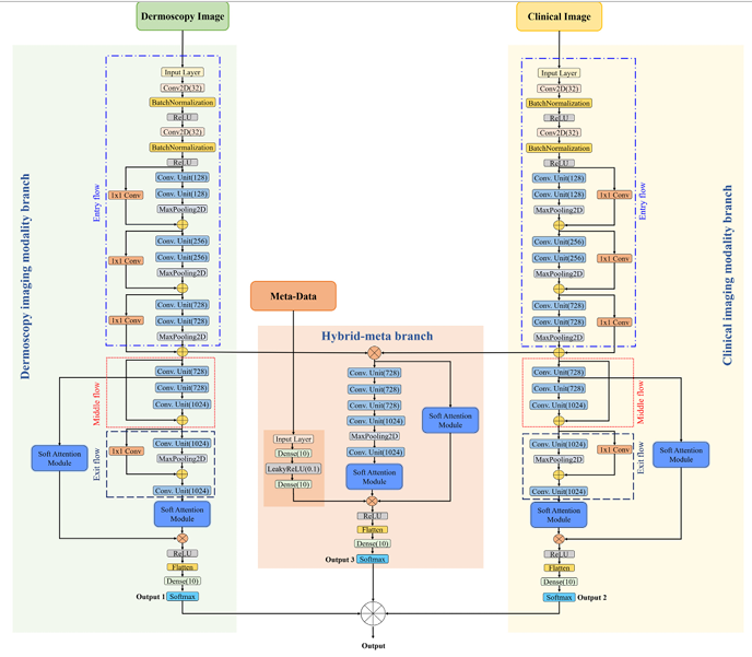 The proposed multi-label skin lesion classification framework has three branches: dermoscopy imaging modality branch (green block), clinical imaging modality branch (yellow block), and a hybrid-meta branch (orange block). Modified Xception module based dermoscopy and clinical imaging modalities’ features are first concatenated, then fed to the input of hybrid-meta branch, and finally concatenated with the meta-data.