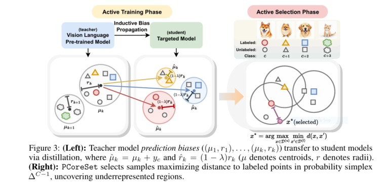 Vision-language model distilling knowledge to a compact AI, reducing training costs by 90% with ActiveKD and PCoreSet