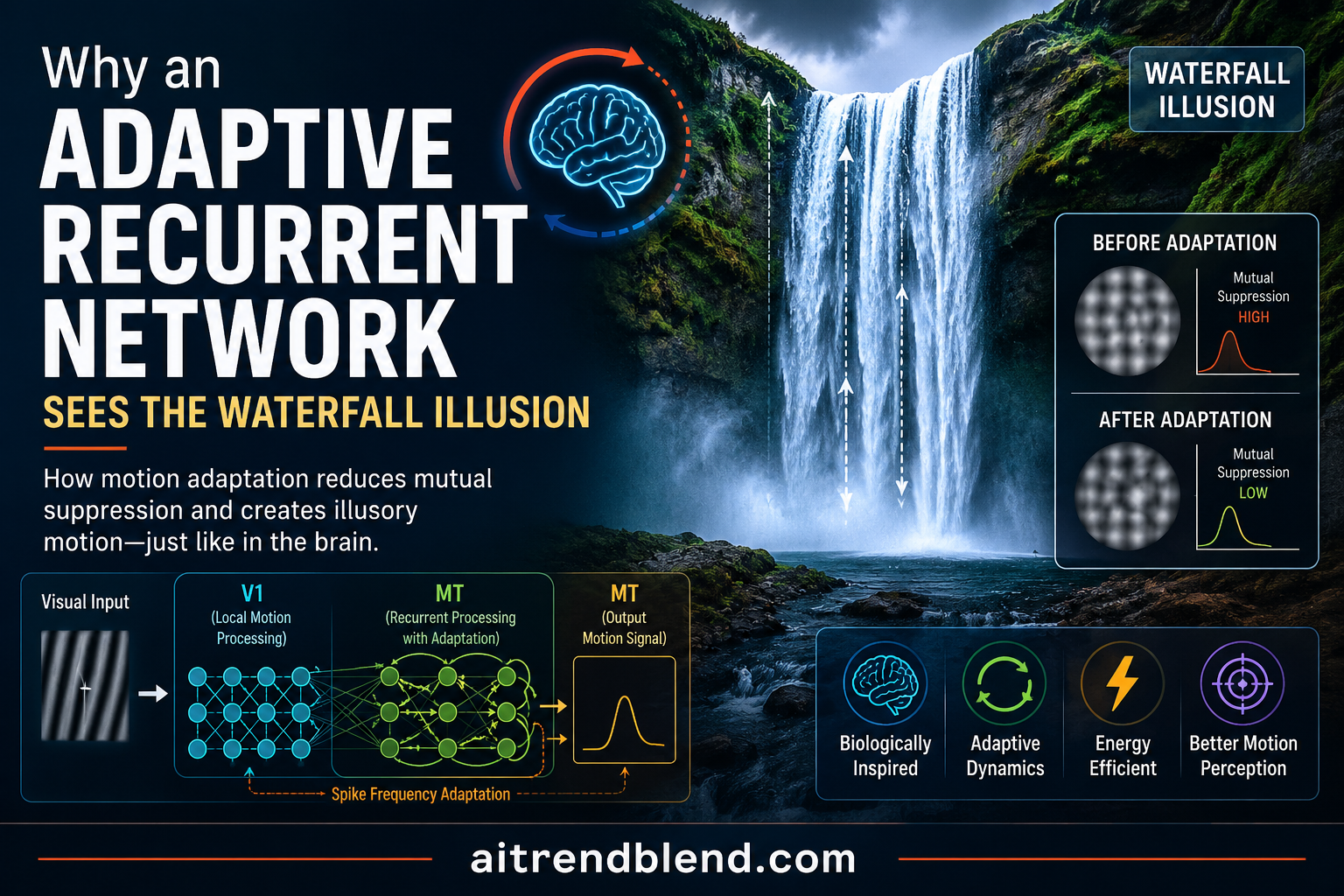 Diagram of an adaptive recurrent neural network reproducing the waterfall motion illusion in V1 and MT layers