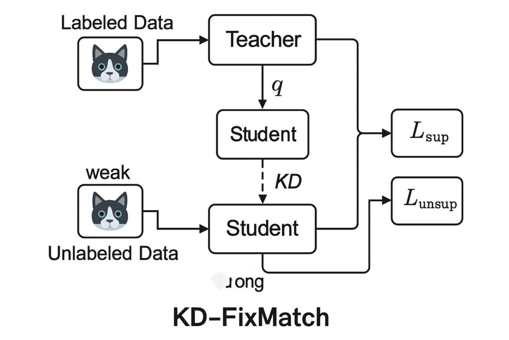 KD-FixMatch vs FixMatch accuracy comparison graph showing significant gains across datasets.
