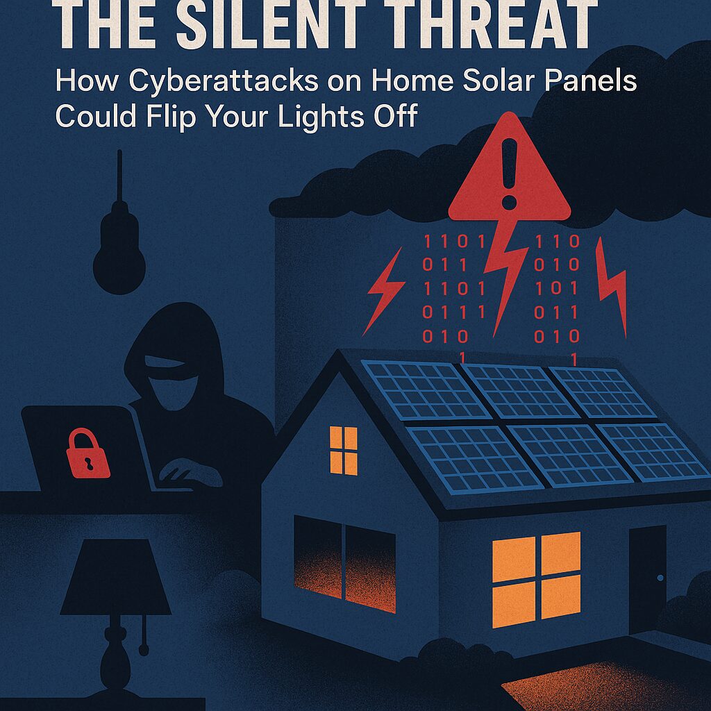 A digital illustration showing a home with solar panels under cyberattack; a hacker in a hoodie uses a laptop with a red lock icon, while binary code and red warning symbols hover over the house, symbolizing the risk of power outages caused by cyberattacks.
