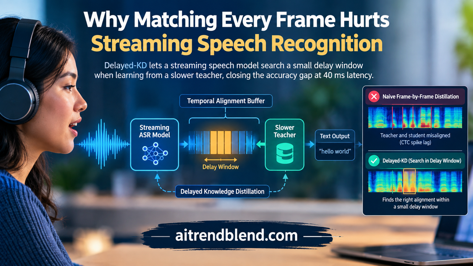 Waveform diagram showing a streaming speech model's delayed token output compared to a non-streaming teacher model