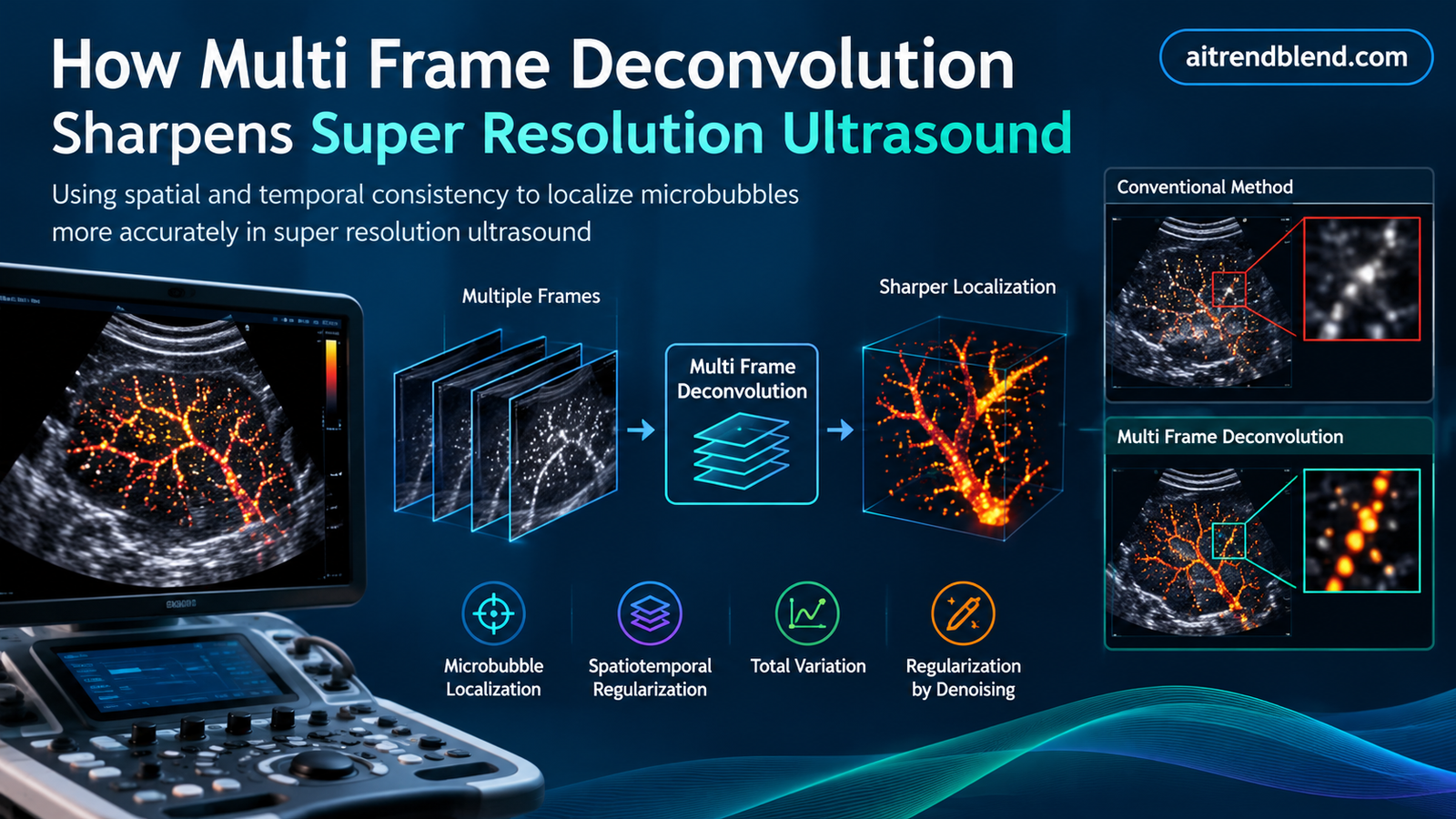 Comparison of super resolution ultrasound microvasculature maps generated with multi frame deconvolution against normalized cross correlation and single frame deconvolution