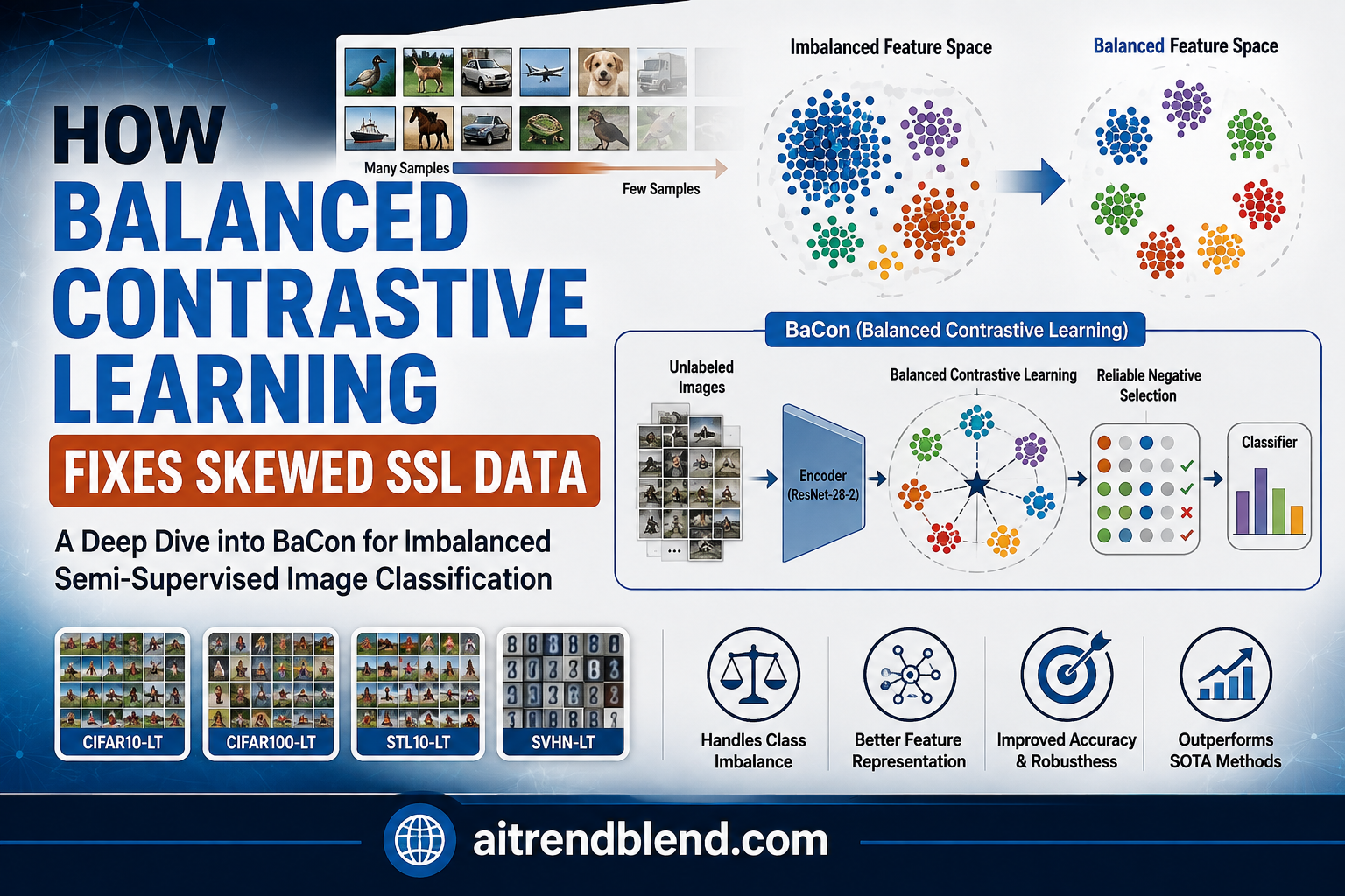Balanced feature level contrastive learning diagram showing class feature centers as positive anchors for imbalanced semi supervised learning