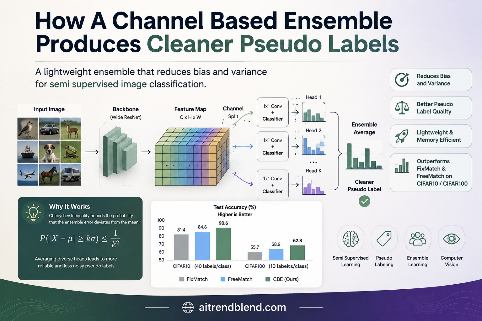Channel based ensemble diagram showing a single feature map split into multiple lightweight prediction heads for pseudo label generation