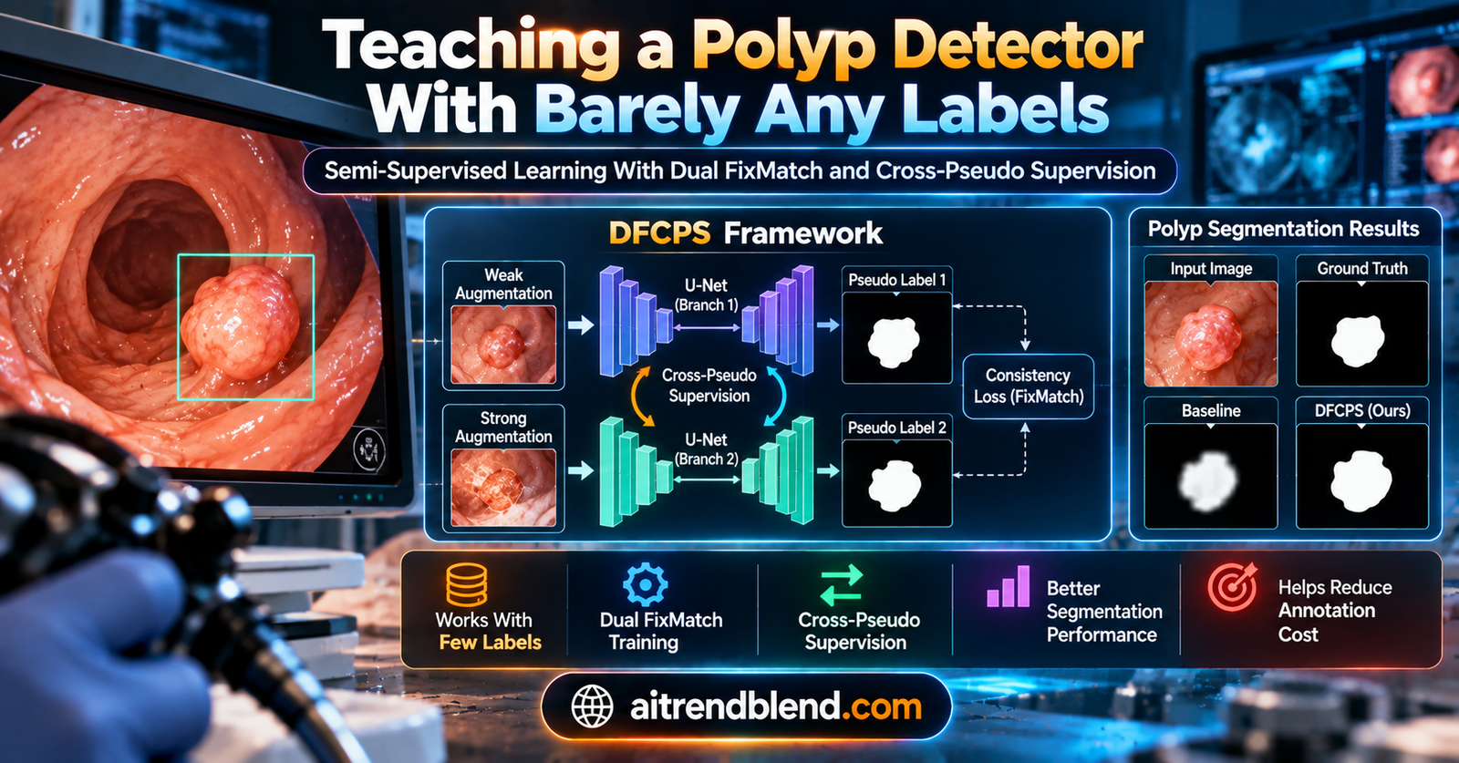 Diagram style illustration of two parallel neural network branches processing strongly and weakly augmented endoscopic images to generate and cross check pseudo labels