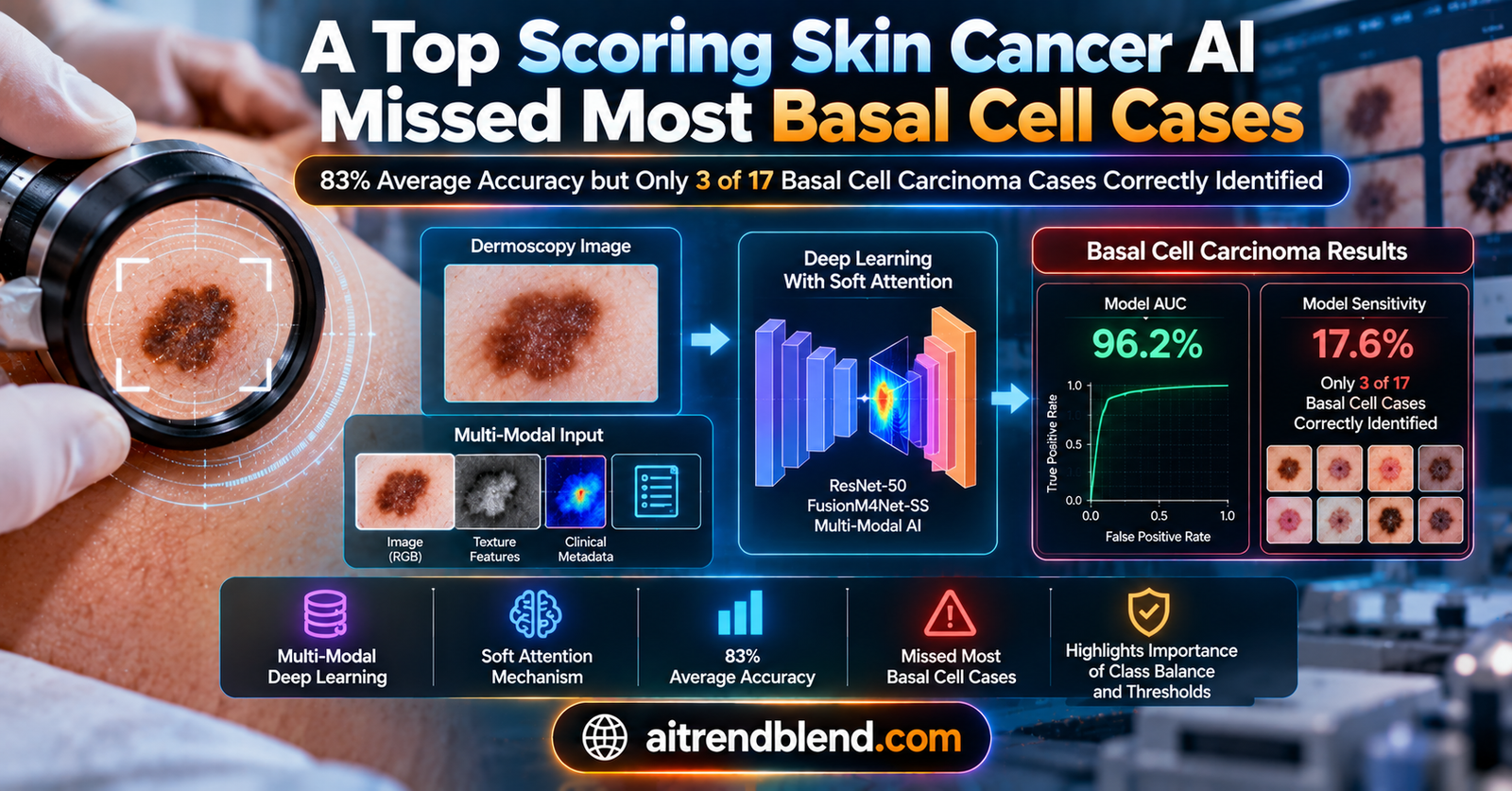 Dermoscopy and clinical skin lesion images beside a diagnosis chart showing high overall accuracy but low sensitivity for basal cell carcinoma