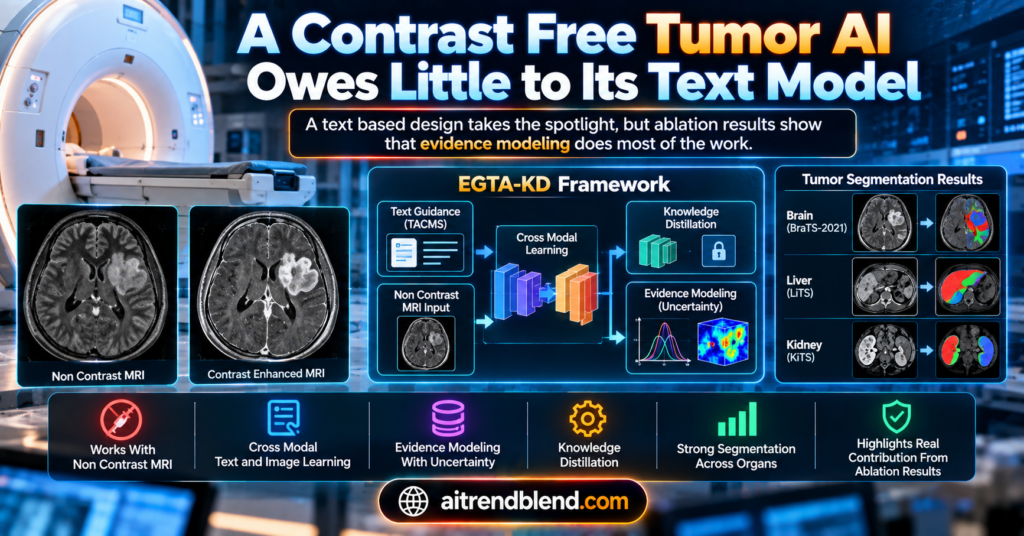 A Contrast Free Tumor AI Owes Little to Its Text Model