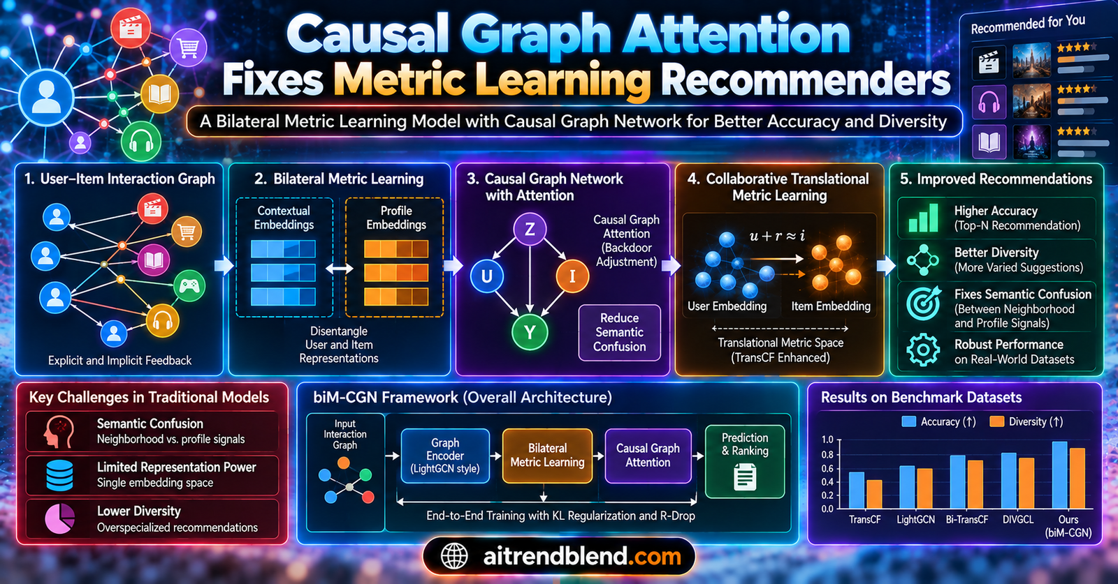 Diagram style illustration of a causal graph network separating user preference signals from confounding noise in a recommender system