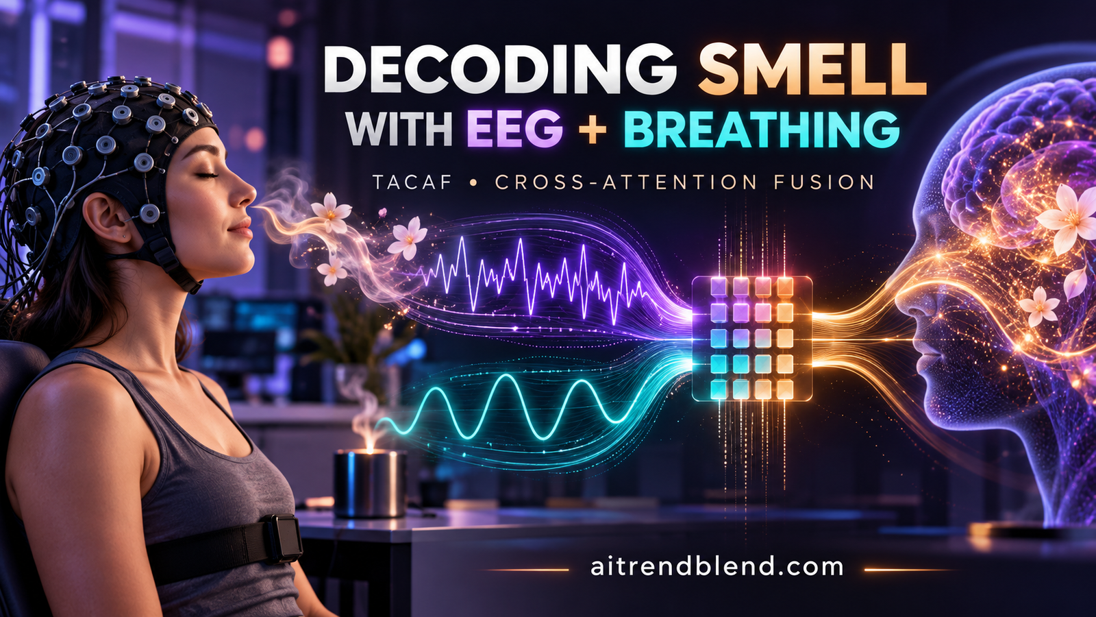 EEG cap electrodes and a respiration belt illustrating multimodal brain and breathing signal fusion for odor decoding