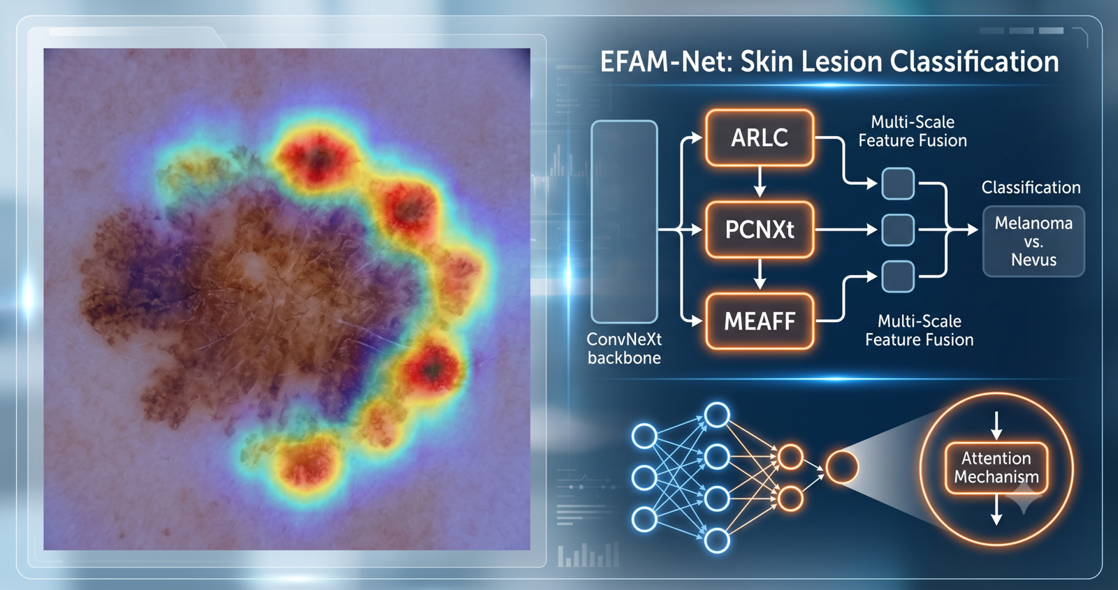 Dermoscopic image of a skin lesion with an attention heatmap overlay showing a neural network focusing on the lesion boundary