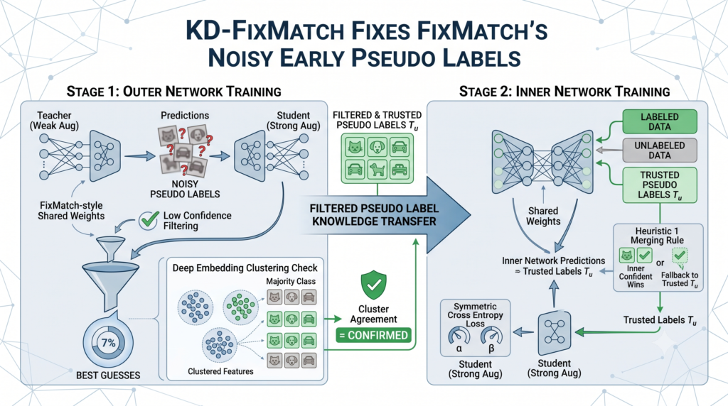 KD-FixMatch Fixes FixMatch's Noisy Early Pseudo Labels.