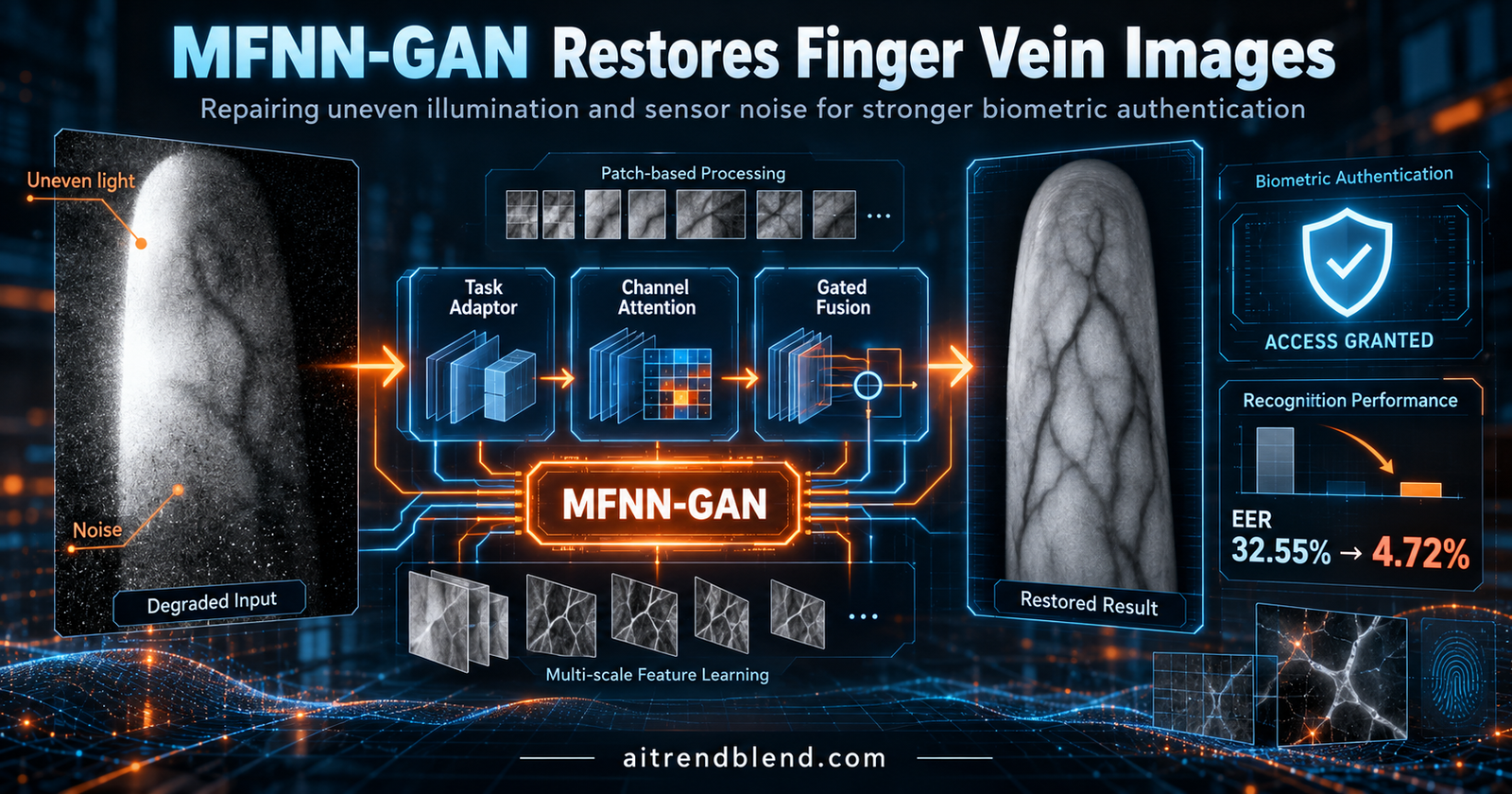 Finger vein image restoration with MFNN-GAN showing a dark noisy finger vein capture repaired into a clear vein pattern