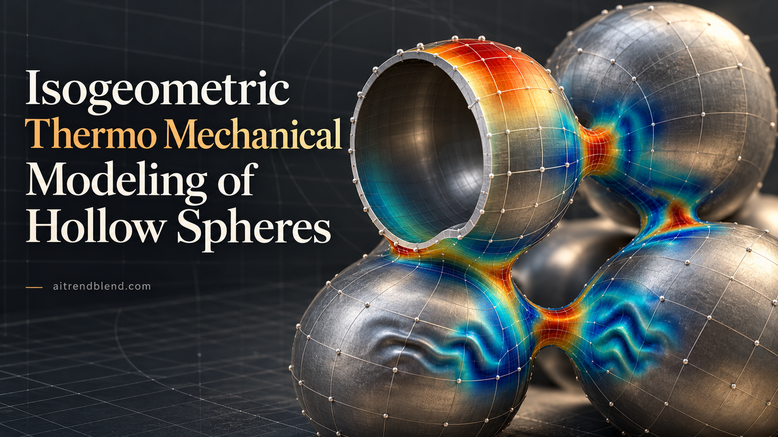 Isogeometric analysis of sintered hollow sphere shells showing NURBS curvilinear patches, sinter necking contact planes, and coupled thermo-mechanical strain fields