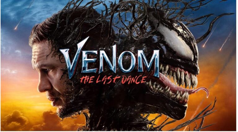 Tom Hardy as Eddie Brock transforming into Venom in explosive final battle scene from Venom: The Last Dance movie.
