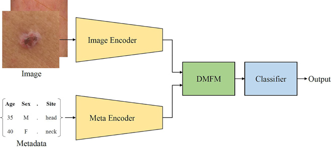 A deep vision-transformer metadata-fusing framework is developed for skin lesion classification. In this framework, a novel Deep Metadata Fusion Module (DMFM) is proposed to embed encoded metadata onto the image embedding during the compression, mimicking the process of "forging" decoration onto a metal piece, hence the name DeepMetaForge