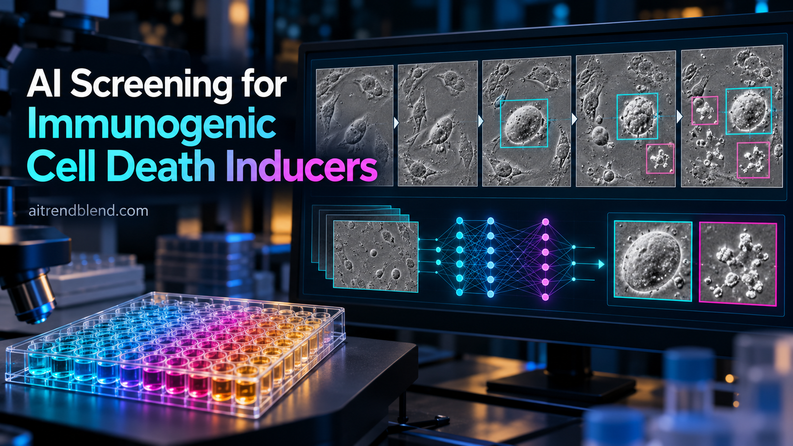 AI detector marking swelling cells and dead cells on a DIC microscopy image to screen immunogenic cell death inducers in MDA-MB-231 breast cancer cells