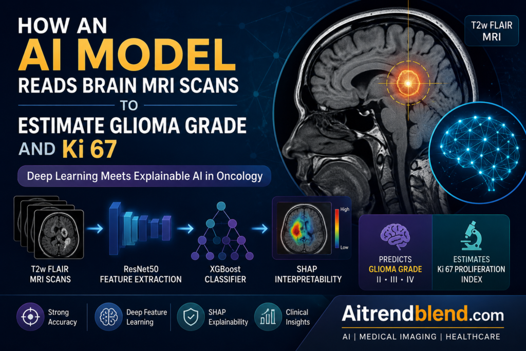 Brain MRI scan with glioma tumor region highlighted next to a SHAP feature importance chart used for Ki-67 prediction
