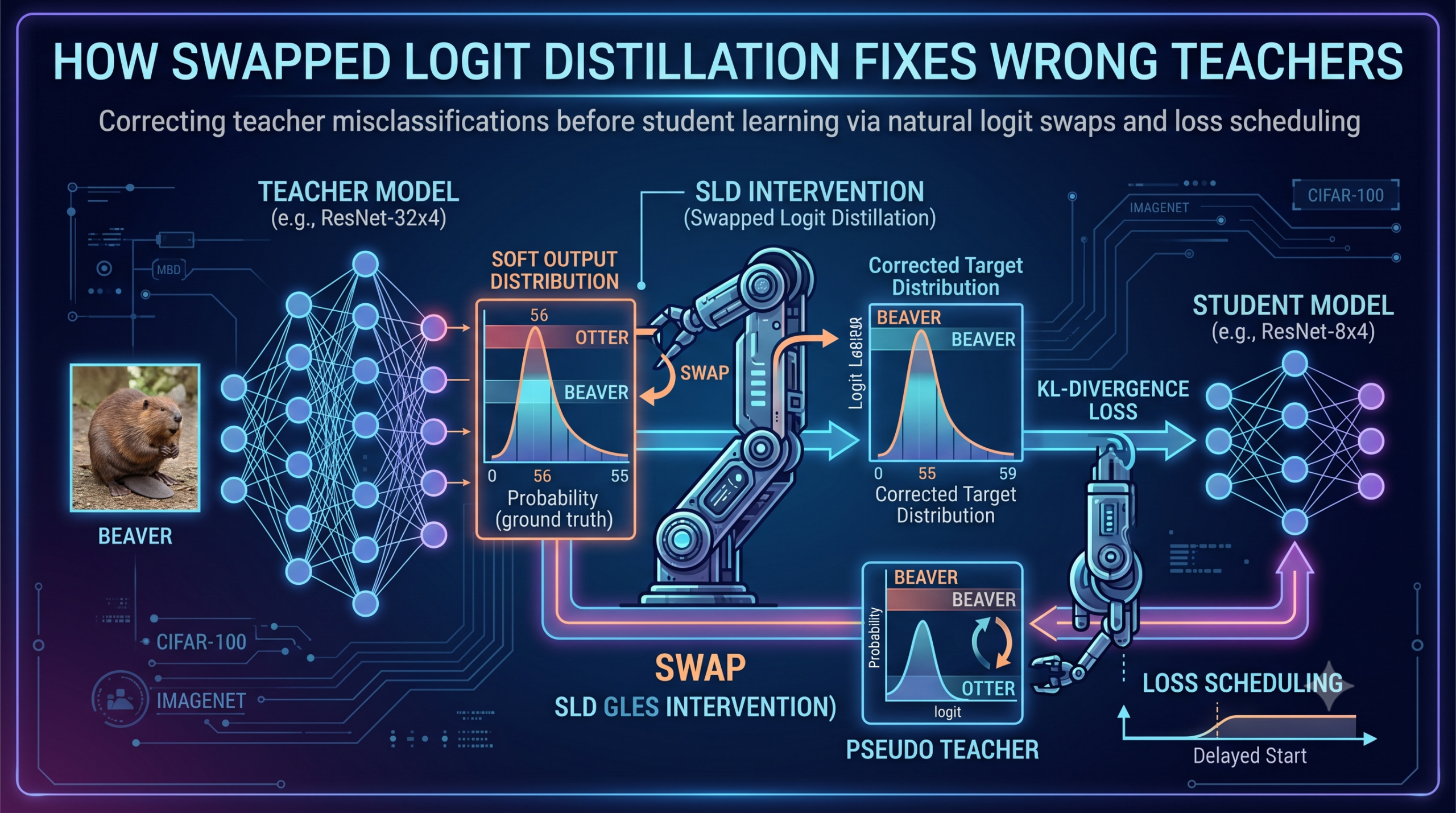 Diagram showing the swap mechanism in swapped logit distillation where the teacher's misclassified target logit is swapped with the highest non target logit before being distilled to the student