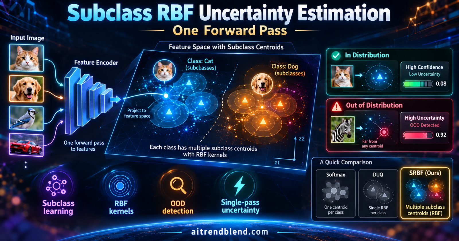 Diagram of a subclass RBF network where one class splits into several subclass centroids for single forward pass uncertainty estimation and out of distribution detection