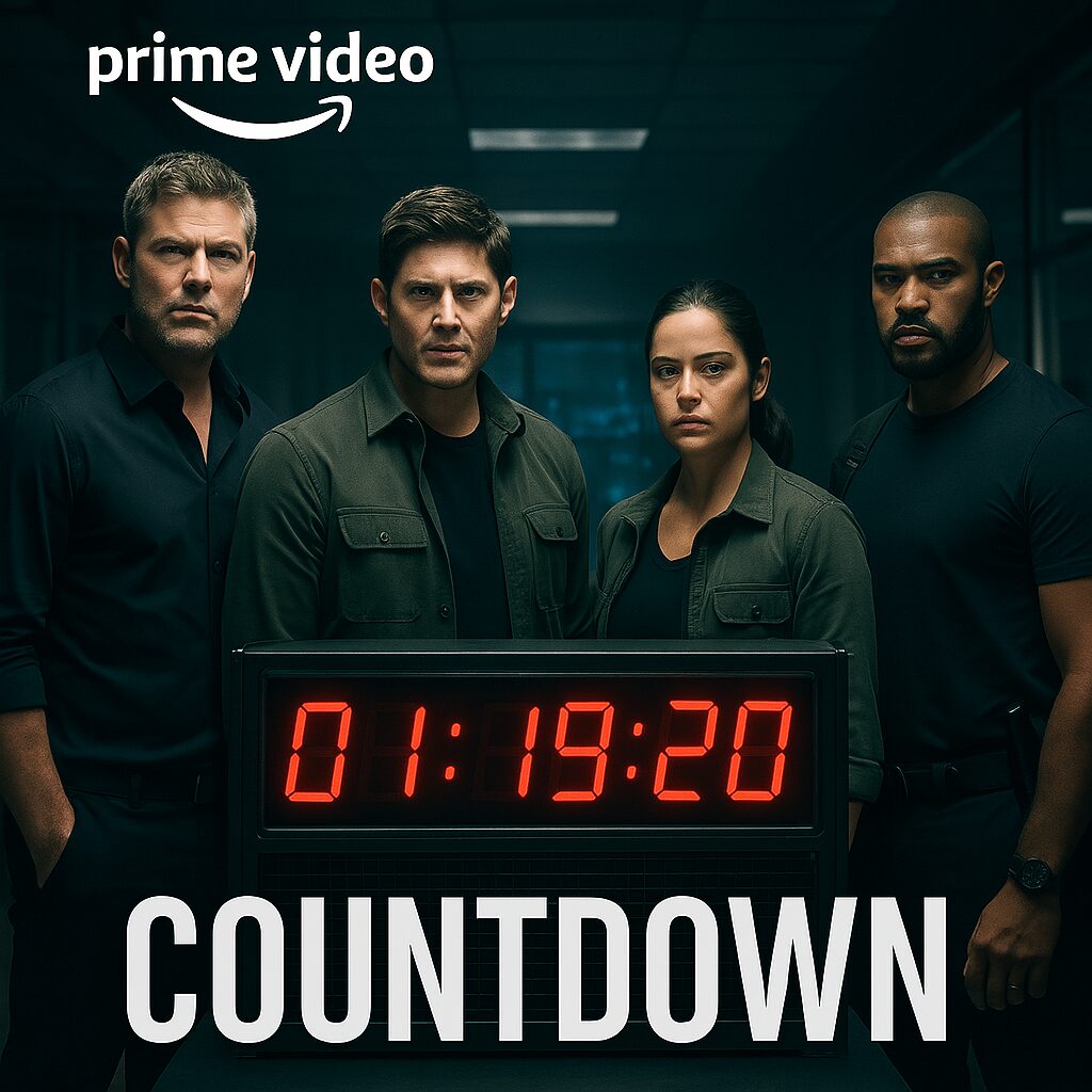 Prime Video Countdown Season 1 cast standing around a high-tech countdown timer