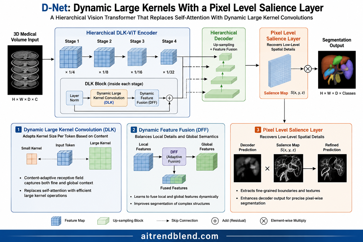 Diagram of the DLK layer and Dynamic Feature Fusion module showing cascaded large kernel convolutions, channel and spatial dynamic selection weights, and the Channel Mixer used in the Salience layer