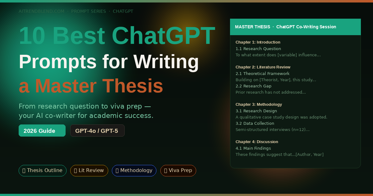 10 Best ChatGPT Prompts for Writing a Master Thesis 2026 — dark banner with academic writing and AI research visuals