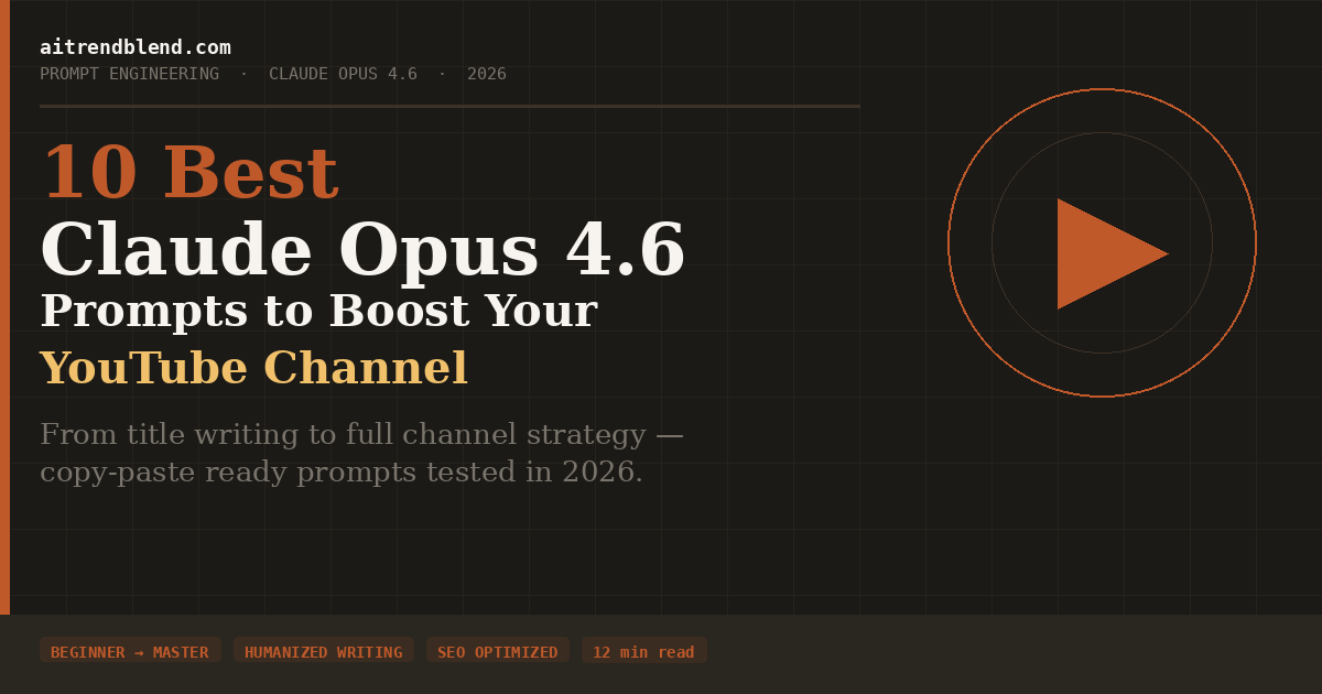 Claude Opus 4.6 prompts for YouTube channel growth — banner image with dark background and burnt orange typography