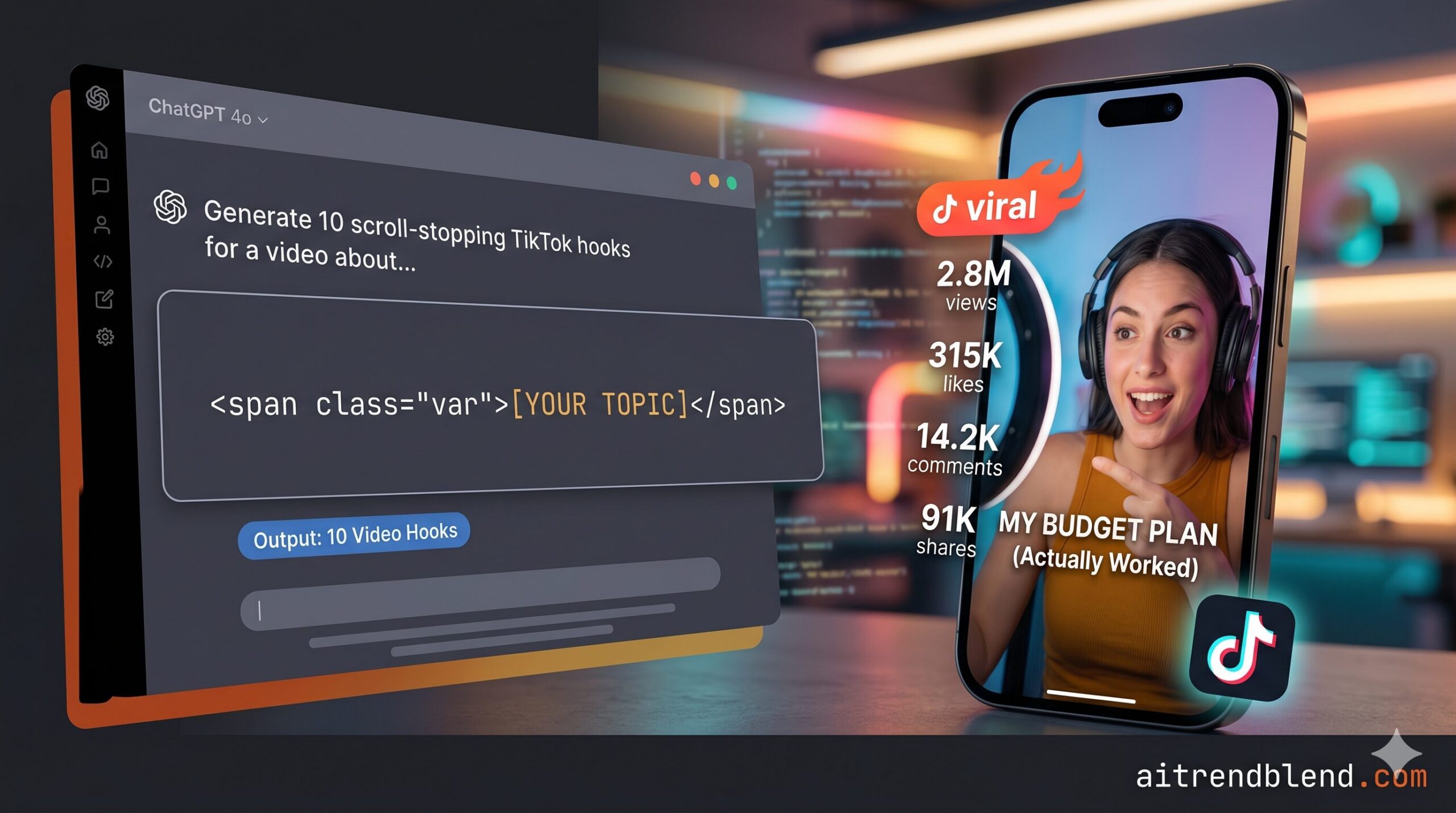 ChatGPT interface alongside a TikTok phone screen showing a viral video with high engagement and view counts