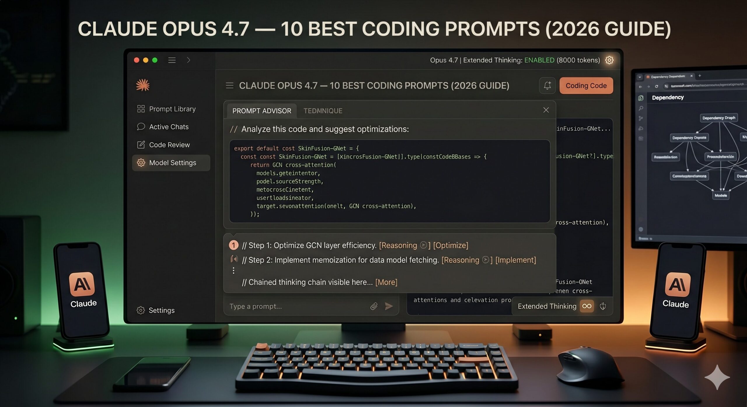 Claude Opus 4.7 interface showing a coding session with highlighted prompt structure and code output