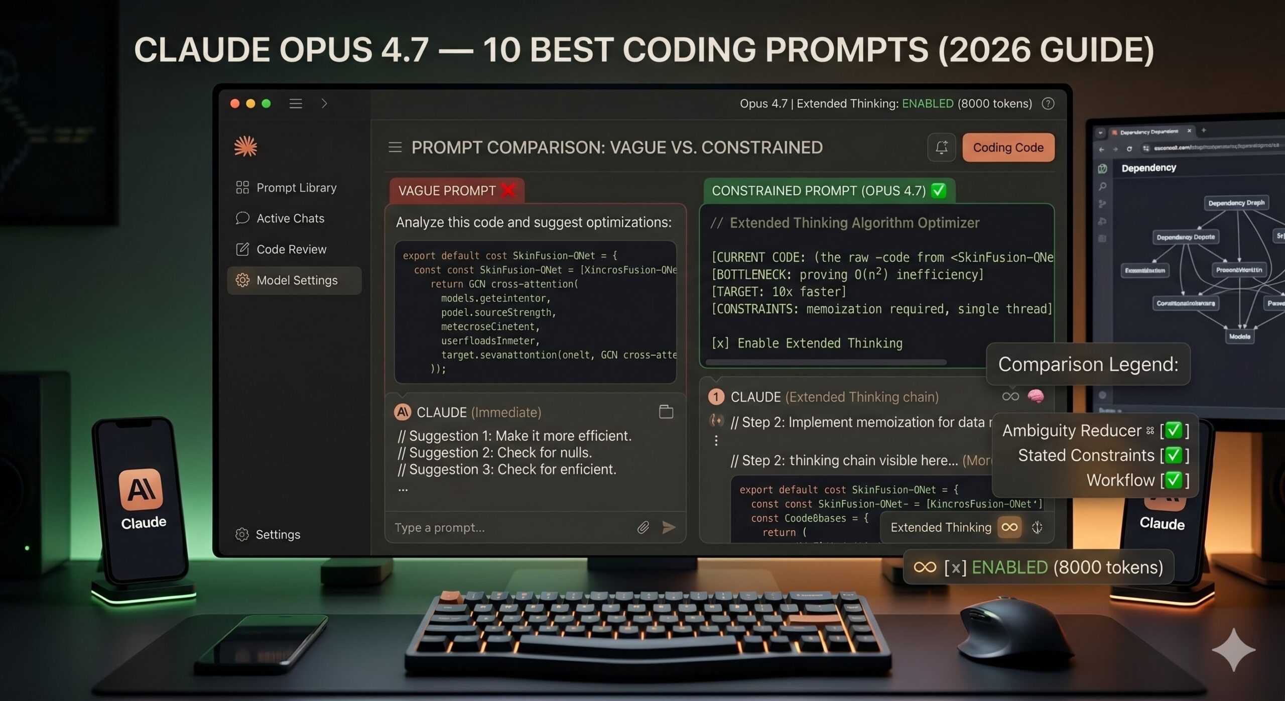 Claude Opus 4.7 interface showing a coding session with highlighted prompt structure and code output