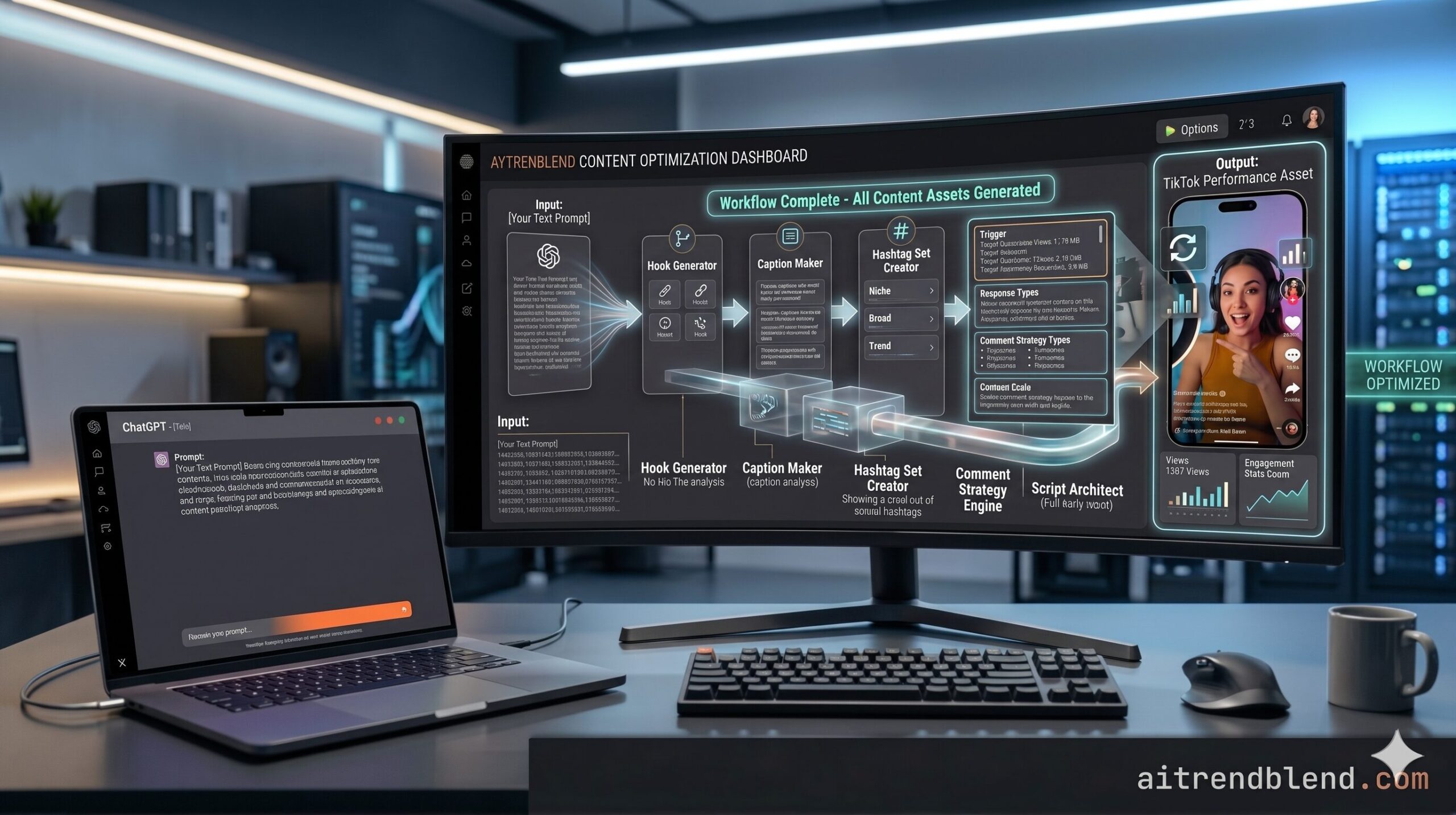 ChatGPT interface alongside a TikTok phone screen showing a viral video with high engagement and view counts