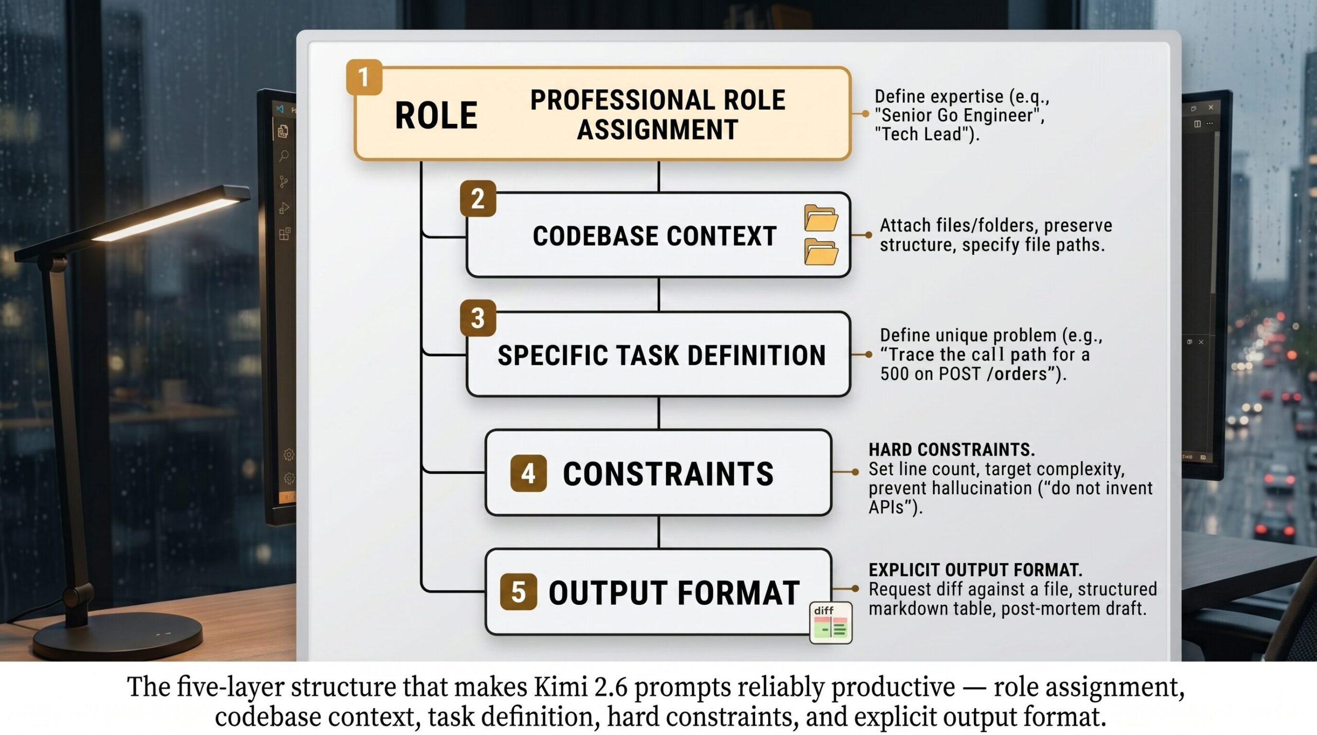 Kimi 2.6 coding prompts banner showing dark terminal with amber syntax highlighting and the aitrendblend.com logo