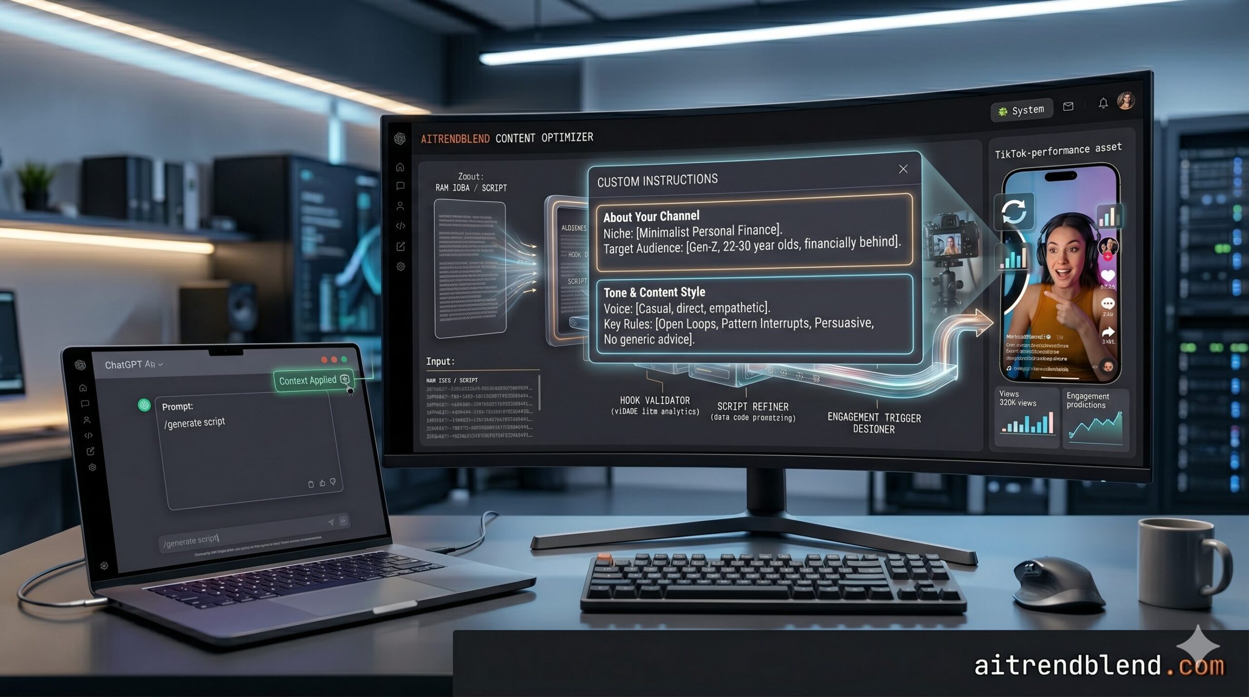 ChatGPT interface alongside a TikTok phone screen showing a viral video with high engagement and view counts