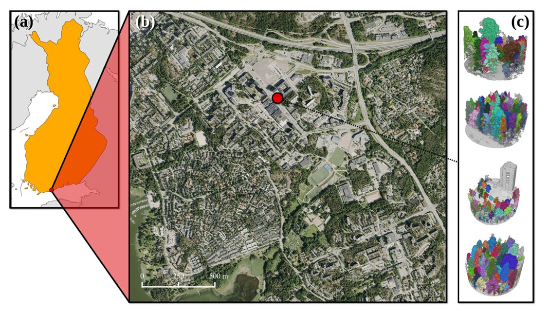 FGI-EMIT multispectral airborne laser scanning dataset: three-channel point cloud at 532nm, 905nm, and 1550nm wavelengths showing boreal forest plots with color-coded individual tree instance annotations, ForestFormer3D segmentation results, and understory crown category visualization in Espoonlahti Finland
