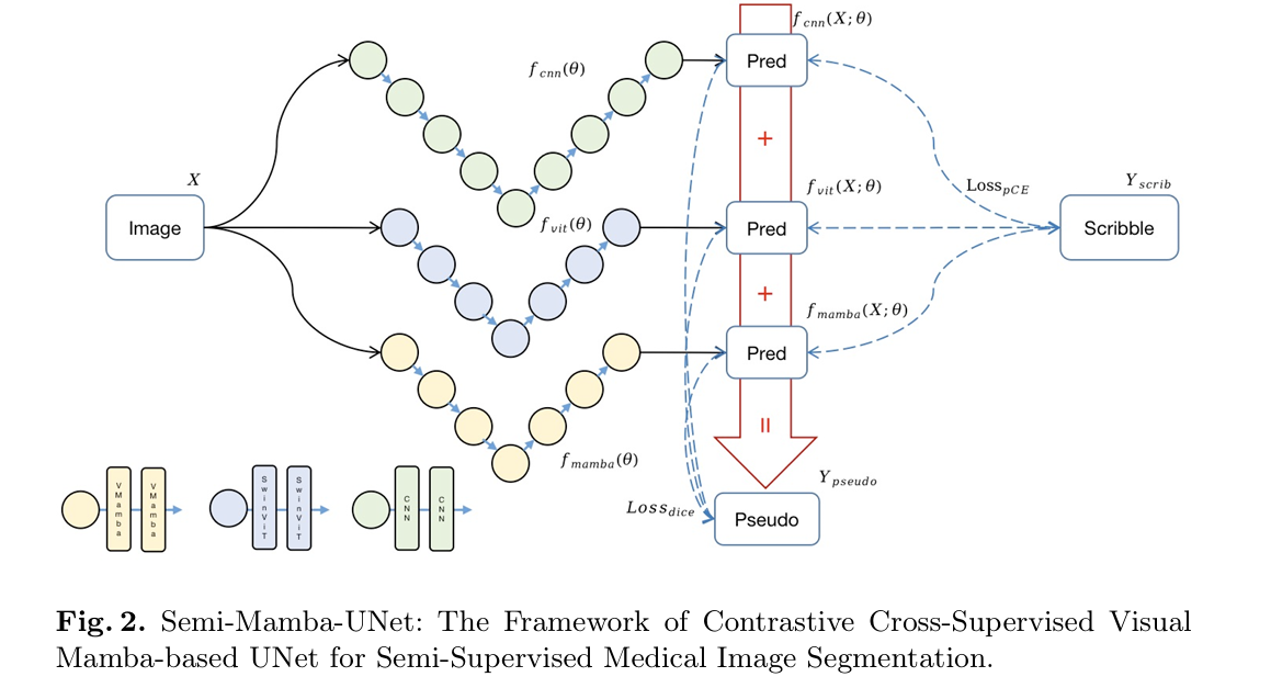 Weak-Mamba-UNet framework diagram showing three parallel encoder-decoder networks: CNN-based UNet for local features, Swin Transformer SwinUNet for global context, and VMamba-based MambaUNet for long-range dependencies, connected by cross-supervised pseudo label generation for scribble-based MRI cardiac segmentation