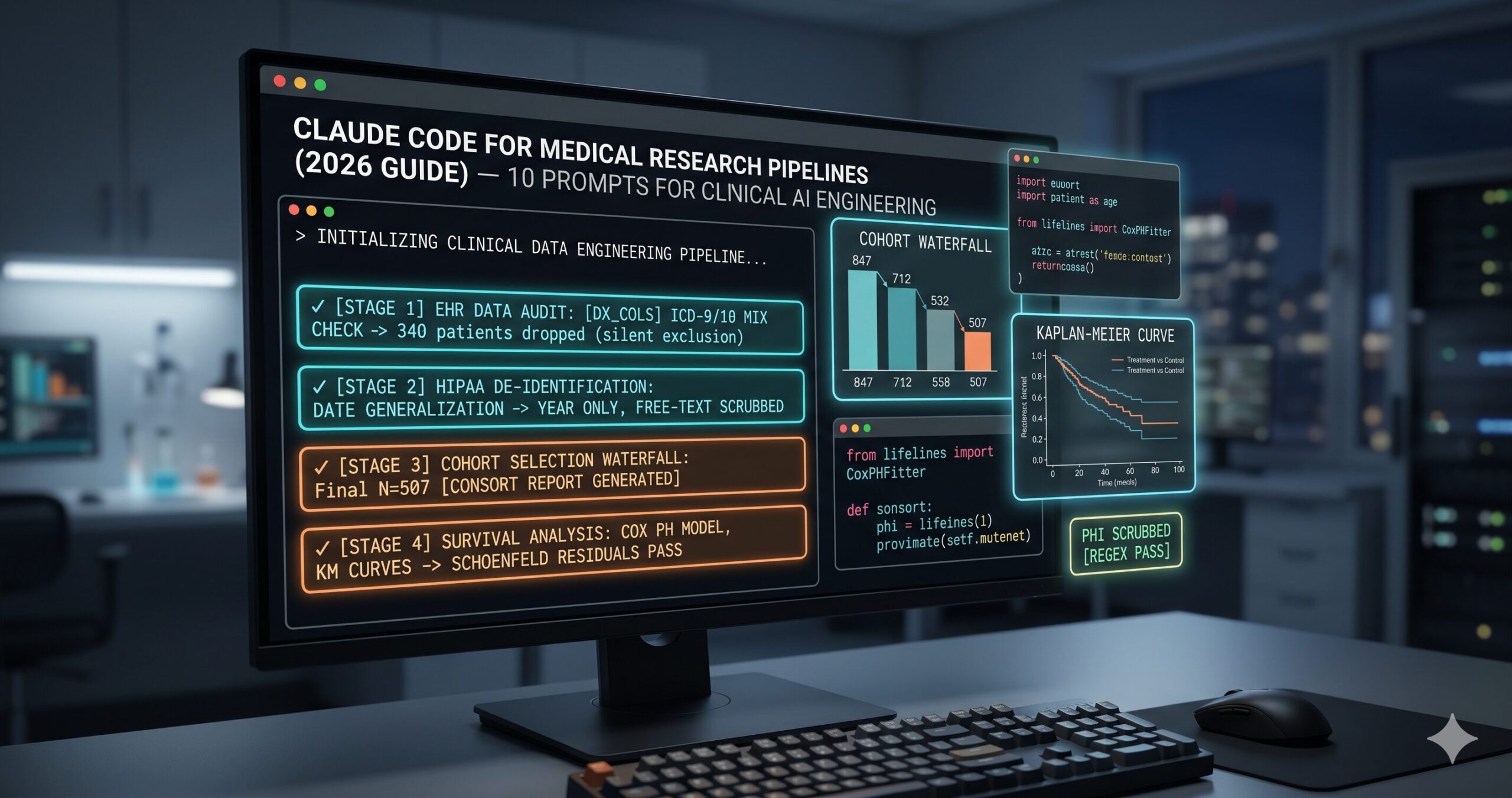 Claude Code for medical research pipelines — terminal showing HIPAA de-identification, cohort selection waterfall, and survival analysis code generation for clinical data engineering
