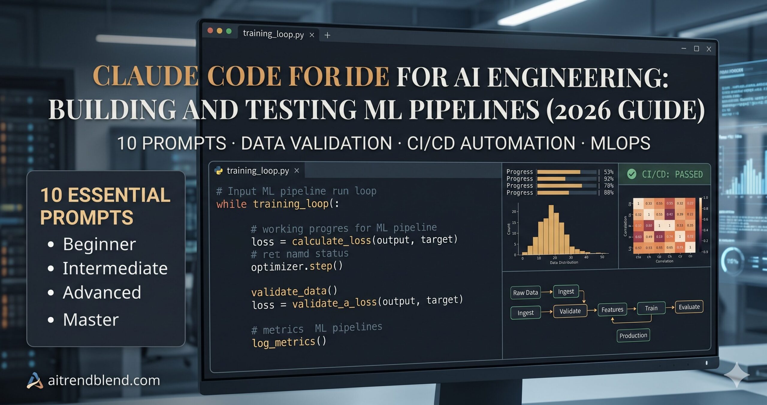 Claude Code for AI engineering — terminal showing ML pipeline code generation with training loop, data validation and CI/CD automation