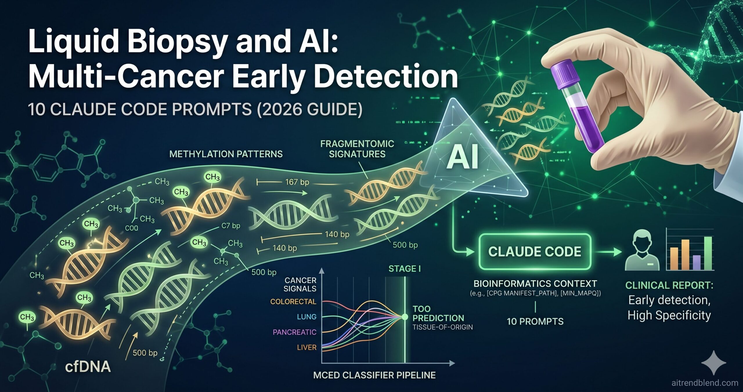 Liquid biopsy and AI for multi-cancer early detection — visualization of cfDNA methylation patterns and machine learning classifiers detecting cancer signals in circulating blood