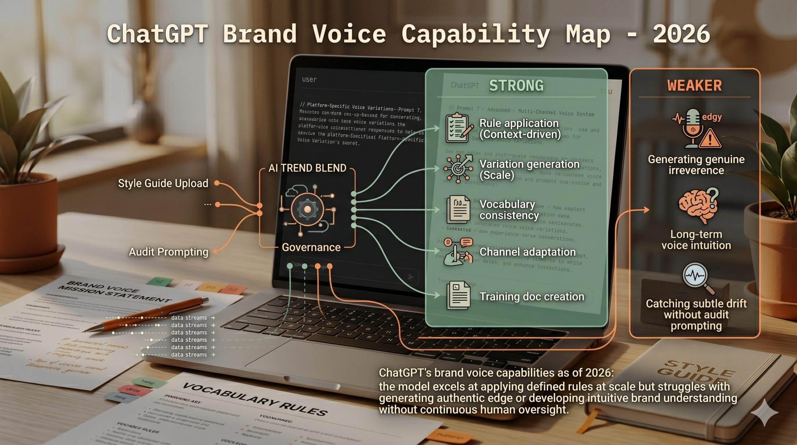 ChatGPT interface showing brand voice prompts on a laptop screen alongside brand style guide documents and warm editorial design elements