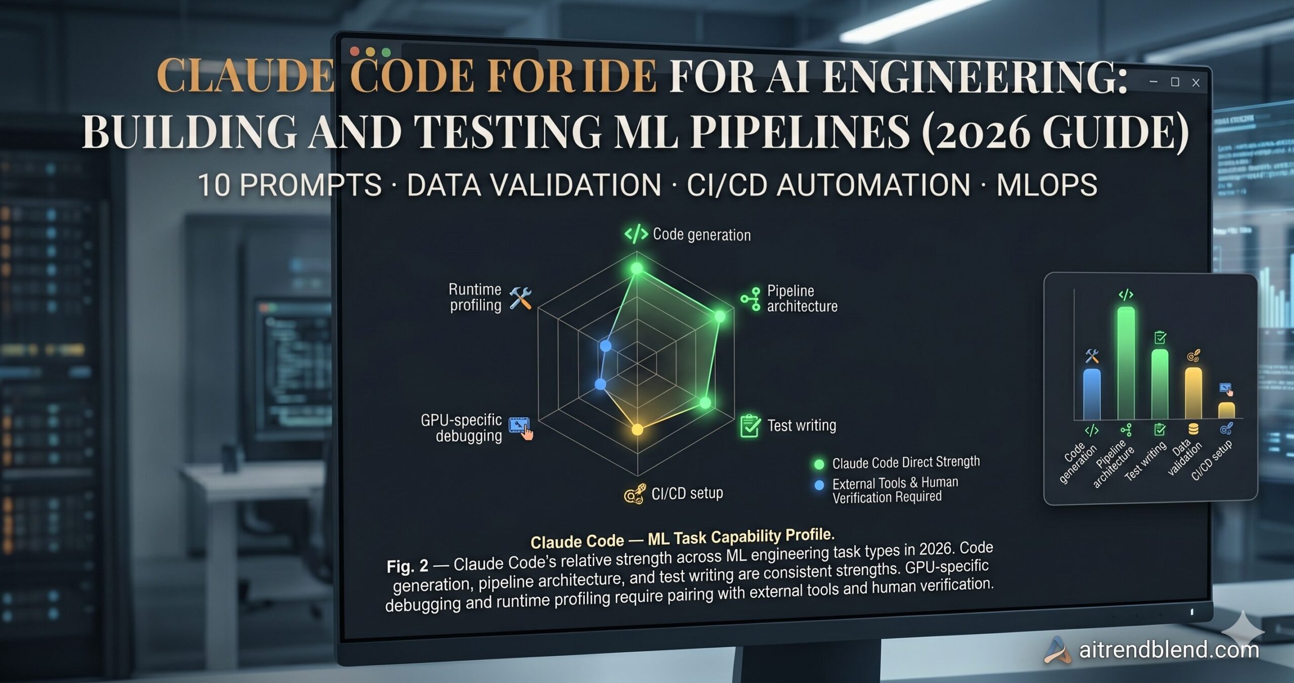 Claude Code for AI engineering — terminal showing ML pipeline code generation with training loop, data validation and CI/CD automation