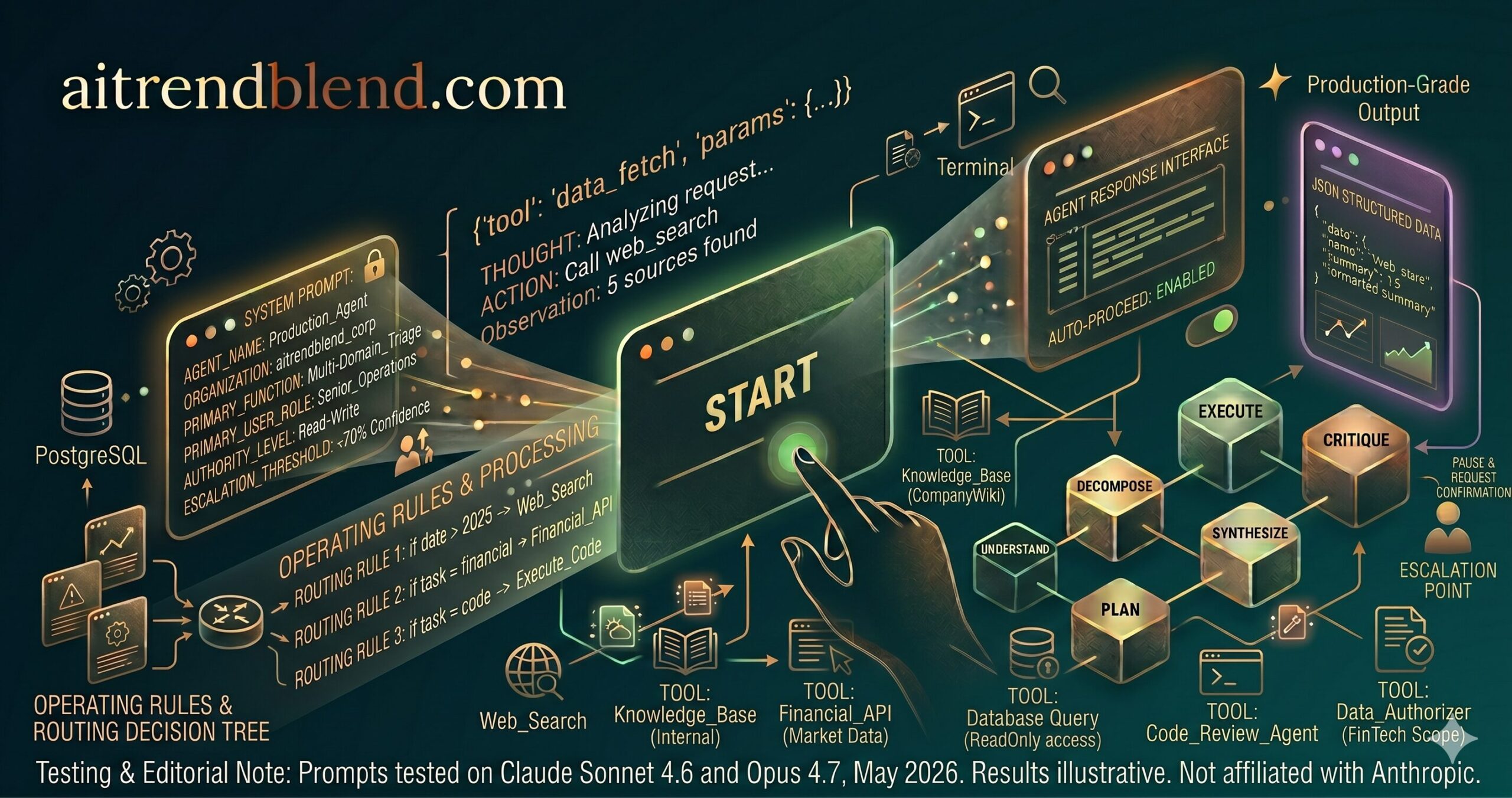 Claude AI prompt cards for building AI agents — illustrated interface showing tool calls, structured outputs, and reasoning chains