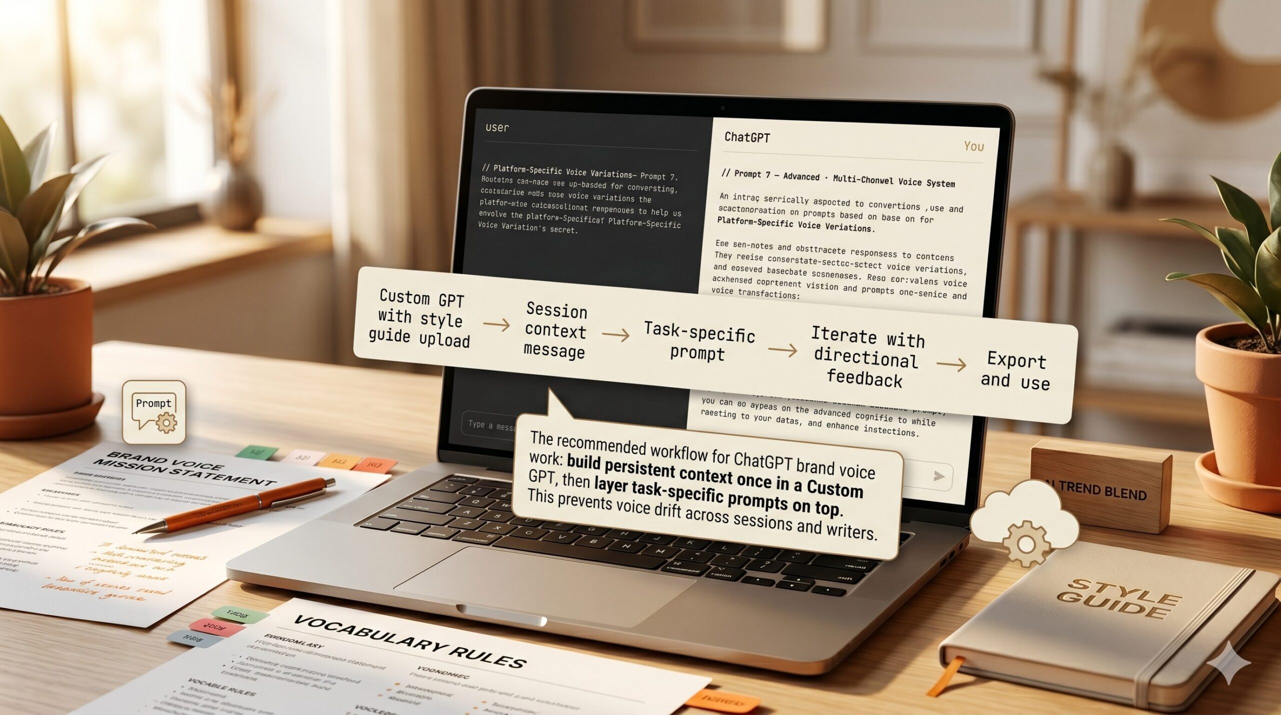 ChatGPT interface showing brand voice prompts on a laptop screen alongside brand style guide documents and warm editorial design elements