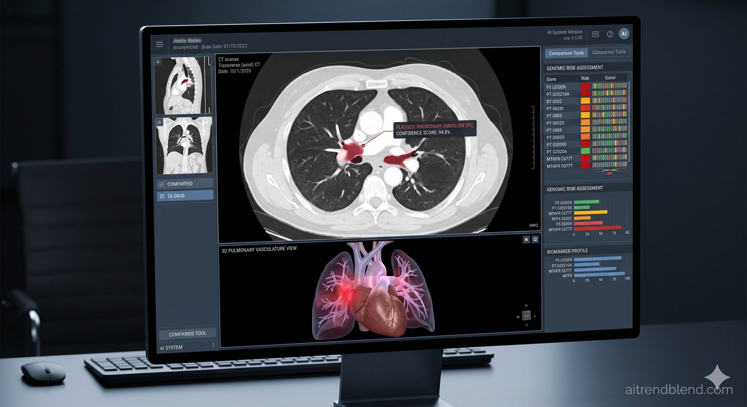 Medical AI diagnostic interface showing AI-highlighted regions on a chest CT scan with confidence scores and clinical decision support overlay