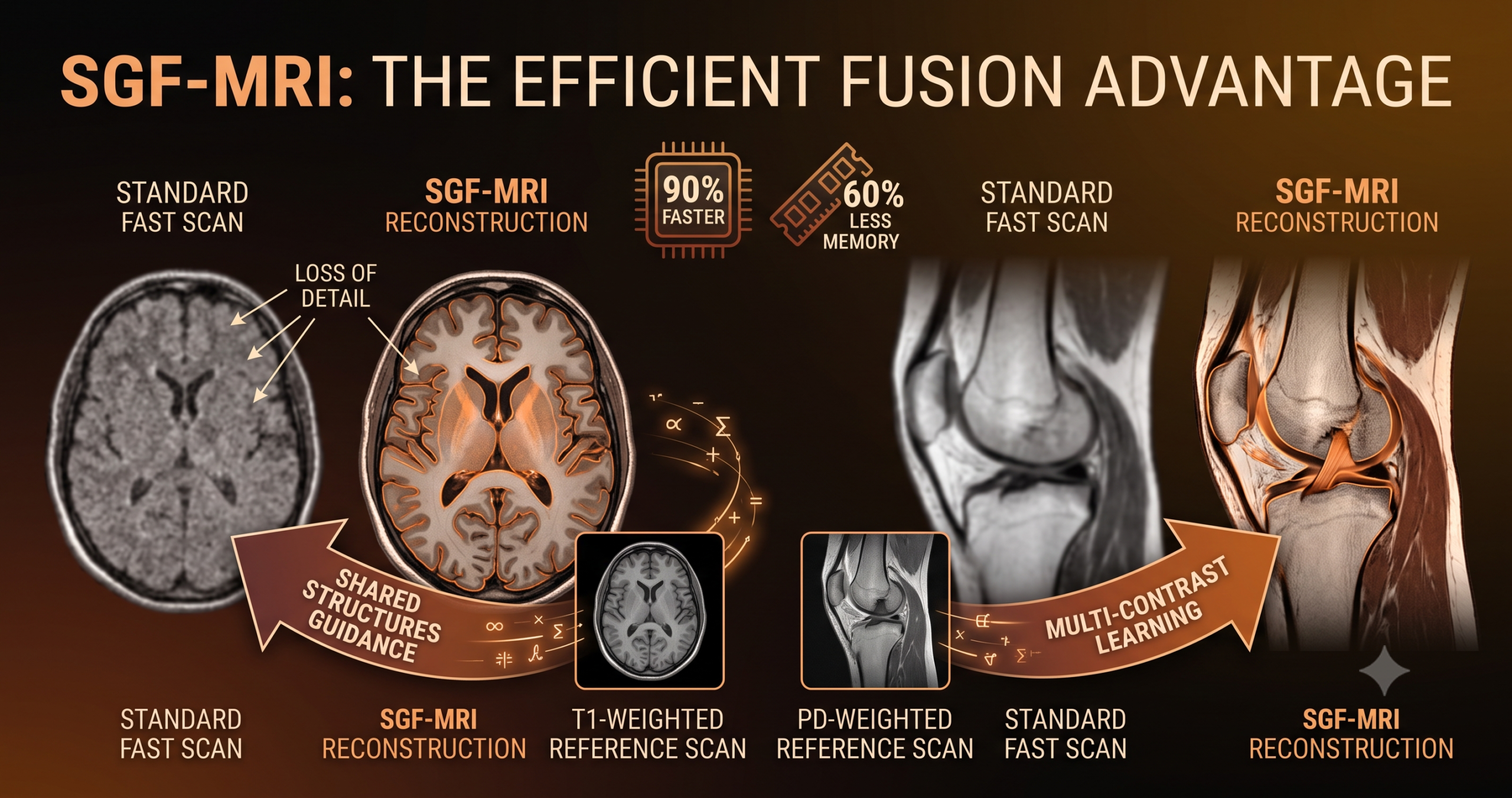 Side by side brain and knee MRI scans showing structure guided reconstruction detail recovered by the SGF-MRI multi contrast model