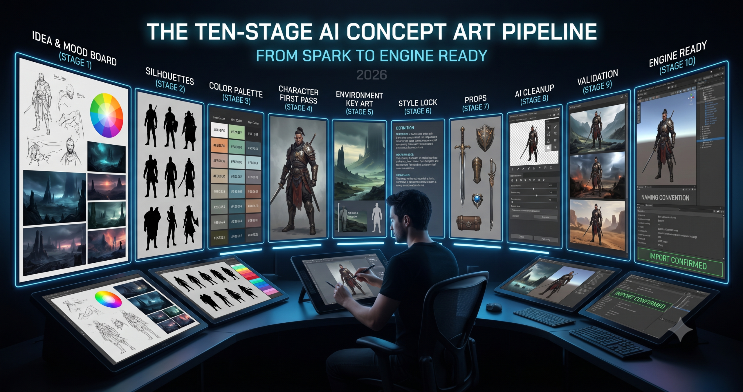 AI concept art workflow for game development showing the ten stage pipeline from raw idea and mood board through to game engine ready assets in 2026