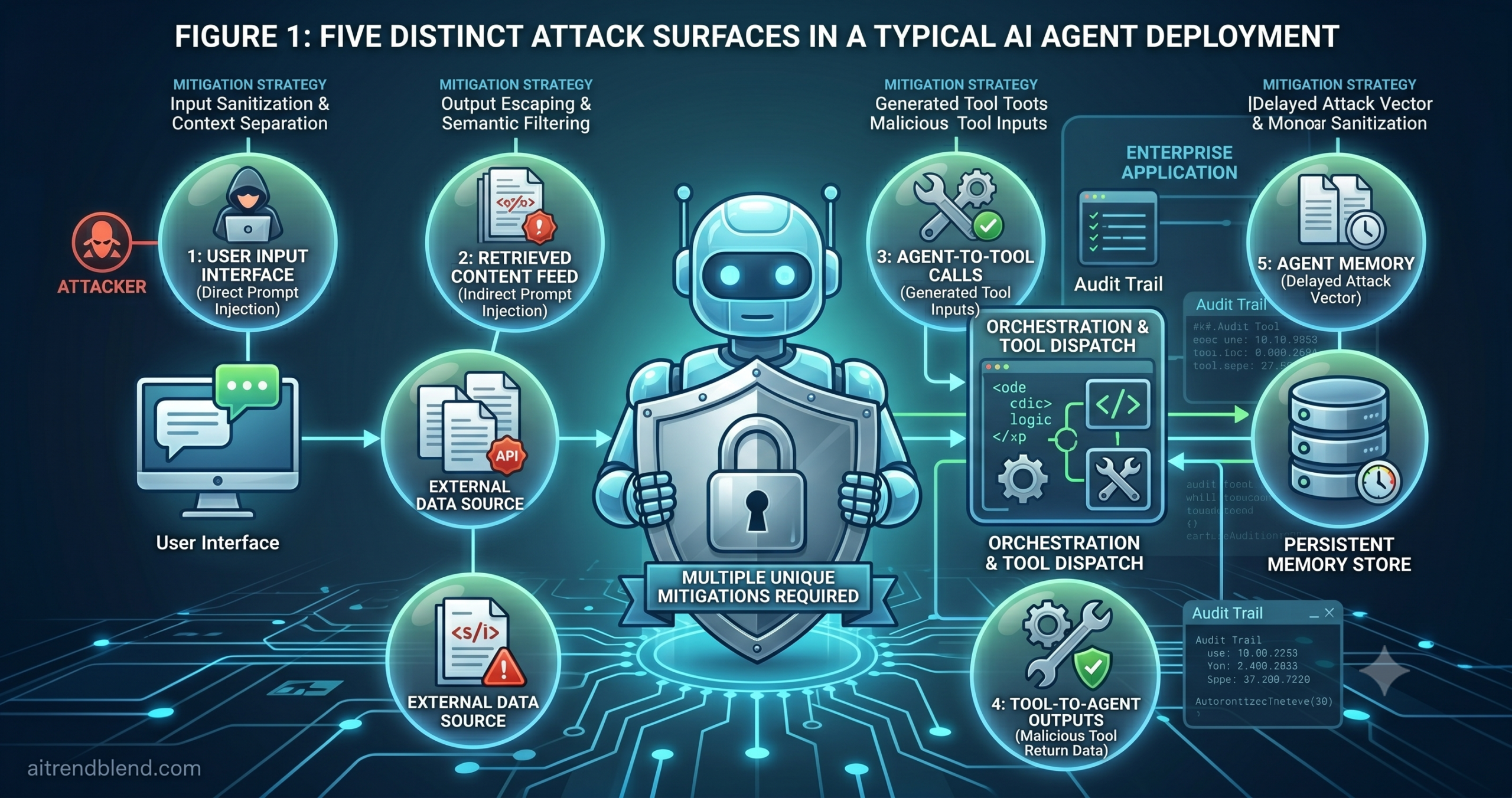AI agent security guide — illustrated lock and shield overlaid on a network of agent tool calls, representing the attack surface of a deployed autonomous AI agent
